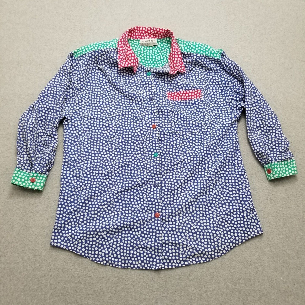 Vintage Joan Shirt Womens 2X Blue Button Up Long Sleeve Pocket Polka Dot‎